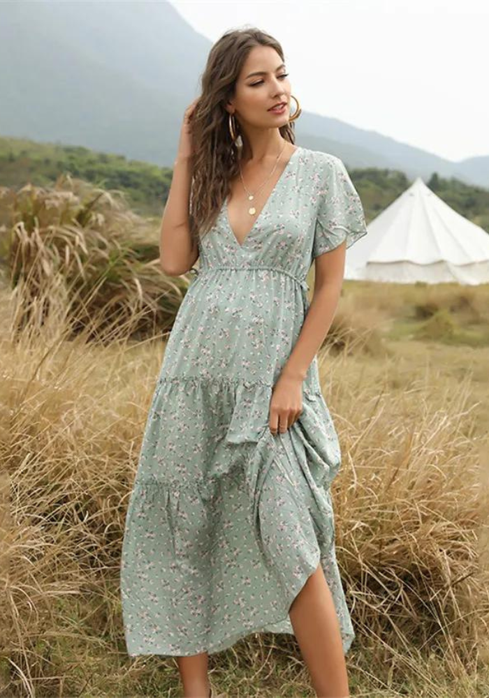 Robe a imprime floral vert sauge