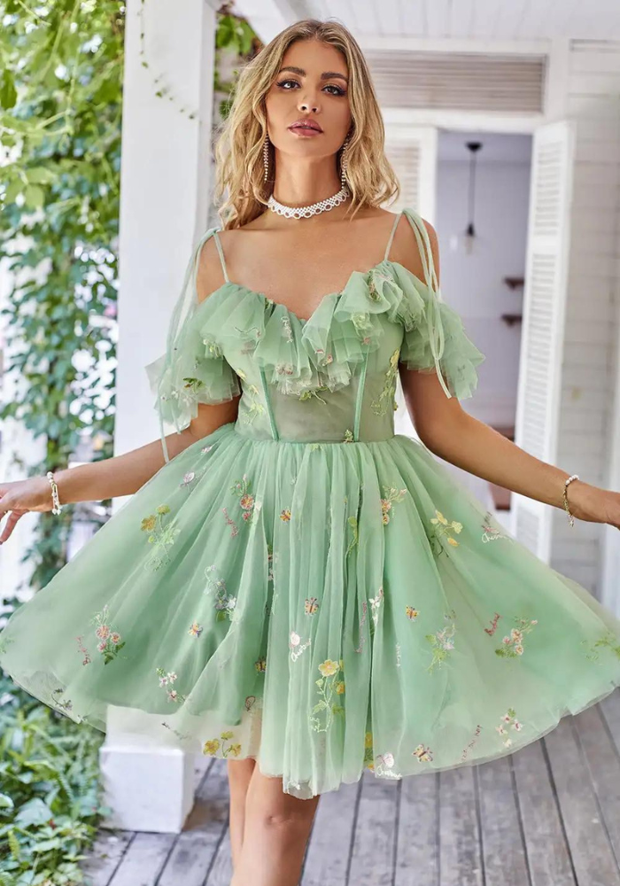 Robe Fleurie Robe Tulle Verte Robe Tulle Vert D'eau évasée Lucie