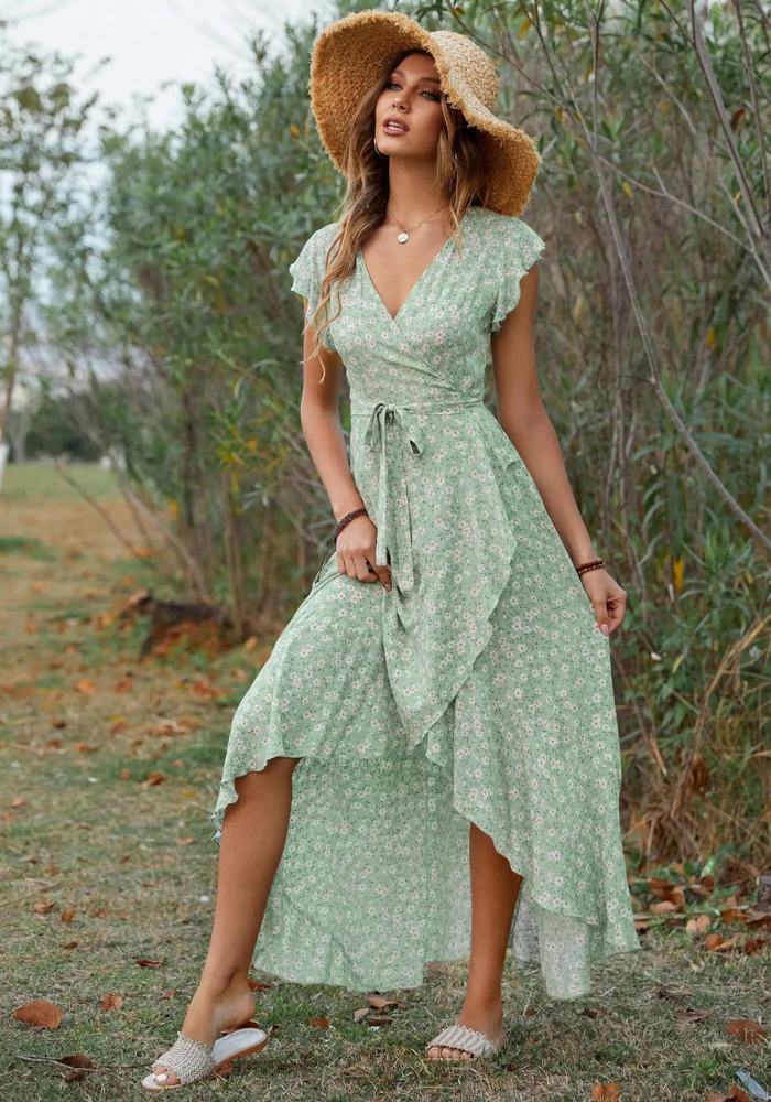 Robe asymétrique vert sauge femme