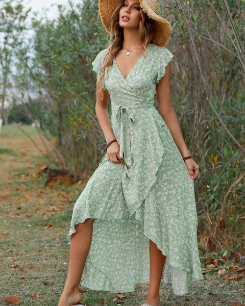 Robe asymétrique vert sauge femme