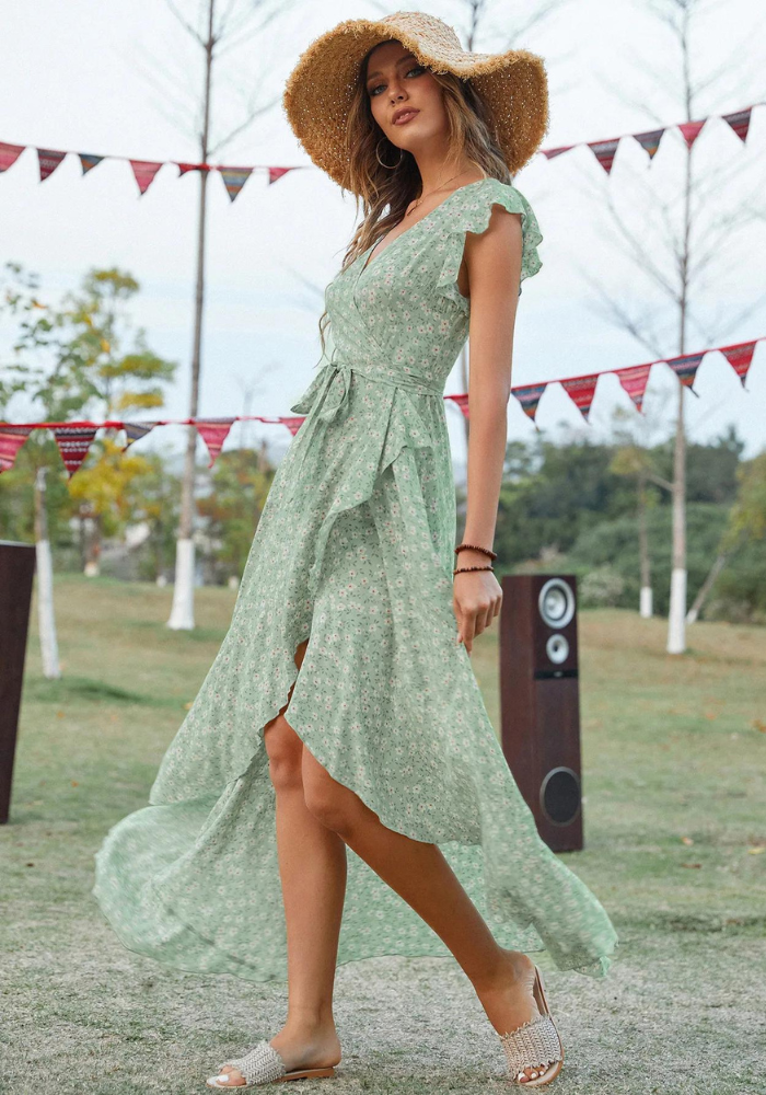 Robe asymétrique vert sauge longue