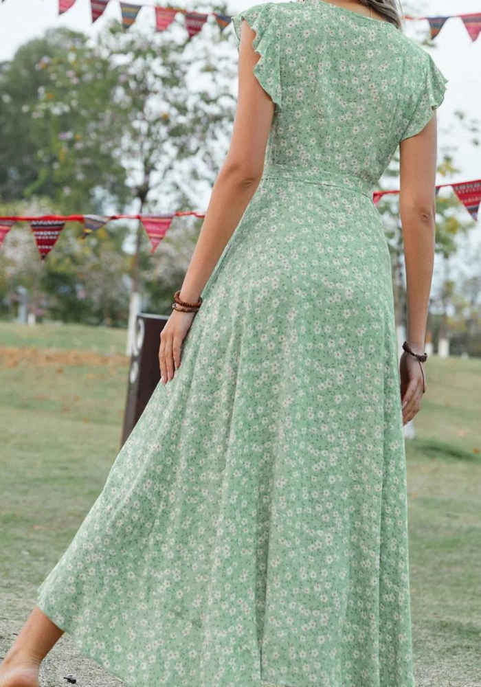 Robe asymétrique vert sauge de dos