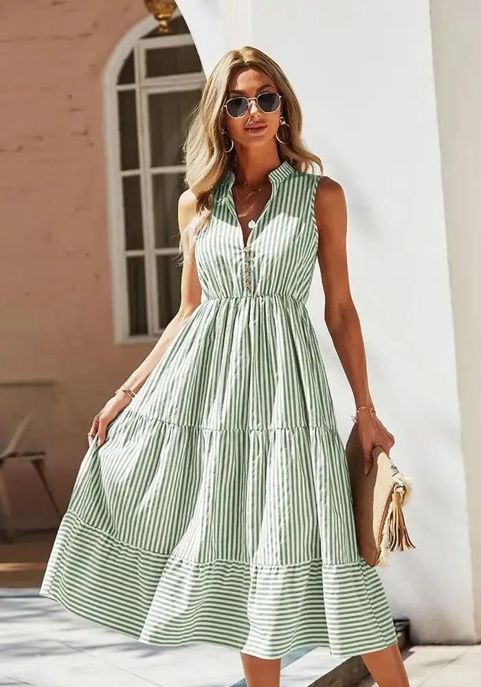 Robe midi vert sauge et blanc