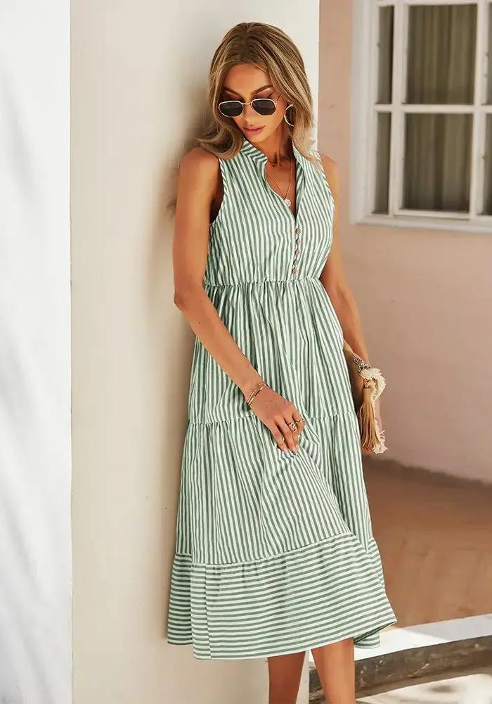 Robe midi vert sauge raye