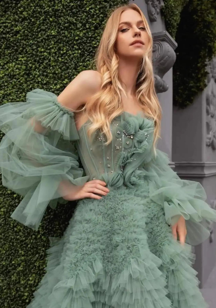 Robe pour mariage vert sauge tulle femme