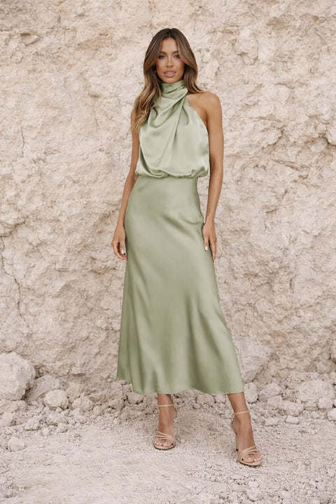 Robe Satin Vert Sauge