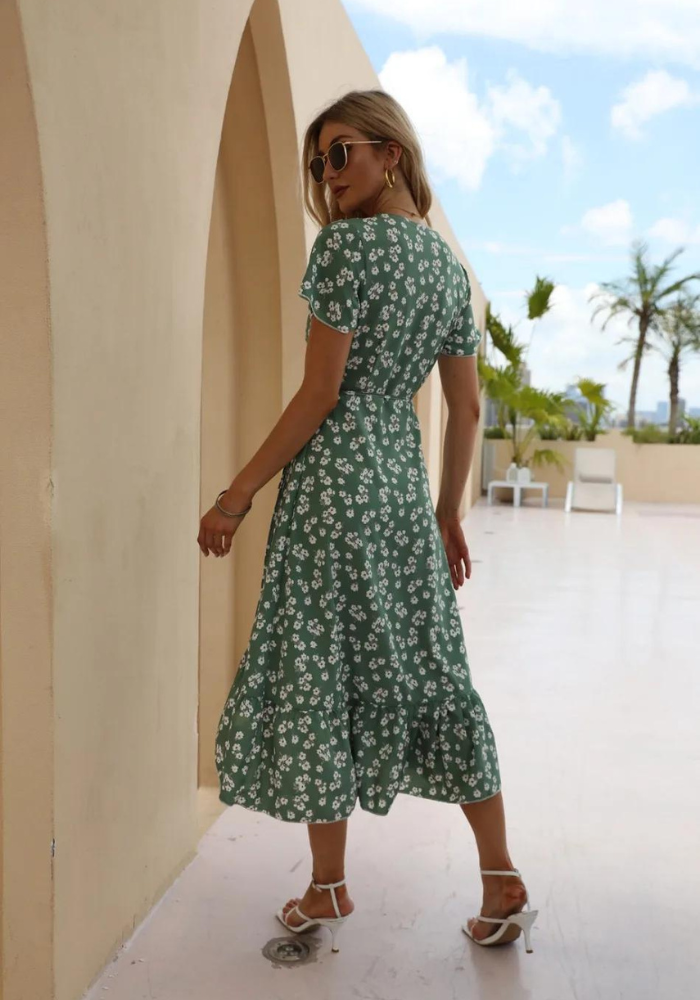 Robe vert sauge portefeuille à fente de dos